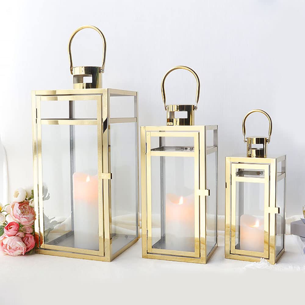 TRIROCKS Set of 3 Stainless Steel Candle Lantern 21''&16''&11'' High Metal Candle Holder with Tempered Glass Panels Perfect for Home Decor Living Room Parties Events Tabletop Indoors Outdoors（Silver）
