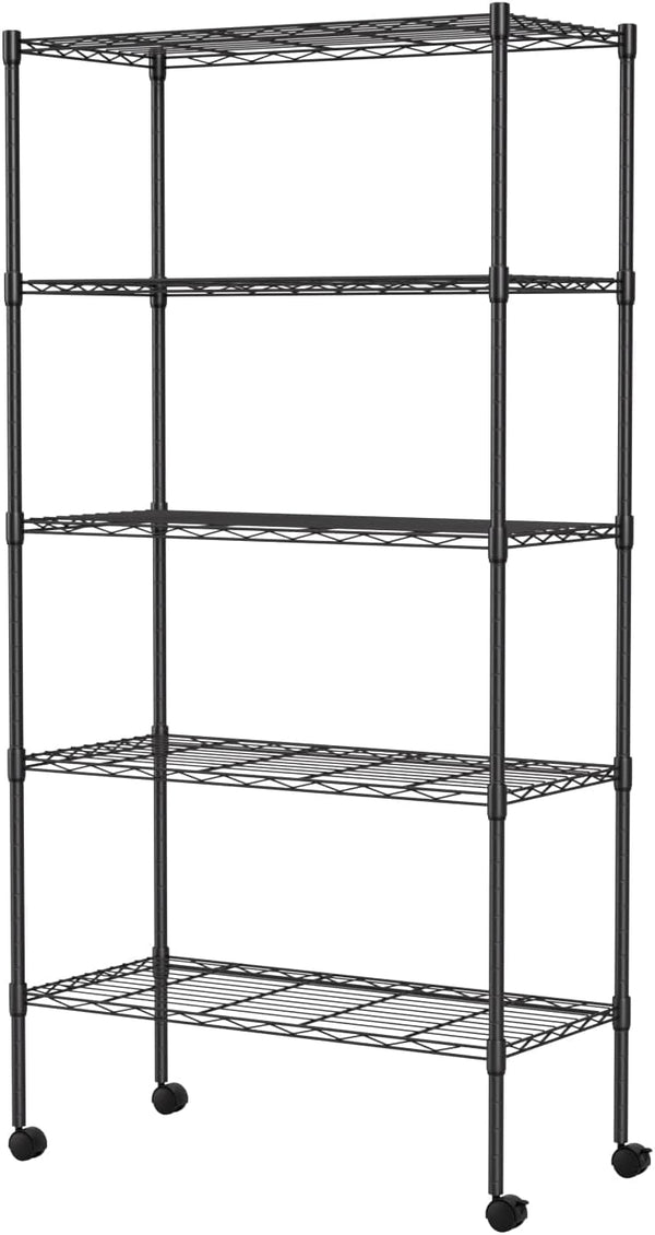FDW Adjustable Storage Rack Wire Shelf with Wheels - 5 Tier Metal Shelves for Small Spaces - Easy Assembly, Chrome