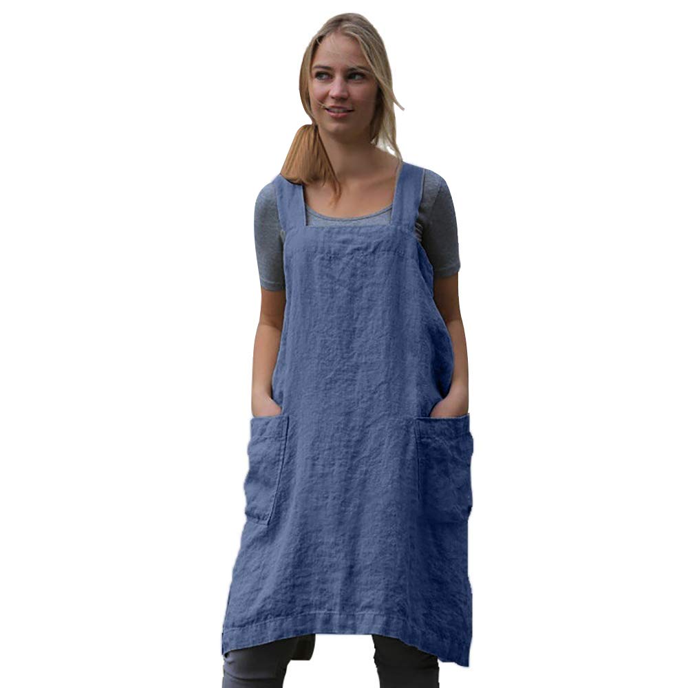 Women's Pinafore Square Apron Baking Cooking Gardening Works Cross Back Cotton/Linen Blend Dress with 2 Pockets