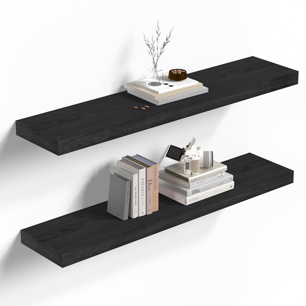 Habudda Floating Shelves, 35.5 Inches Wall Shelf for Rustic Home Decor, Bathroom, Bedroom, Kitchen, Natural Solid Wood, Invisible Bracket, 2 Pack