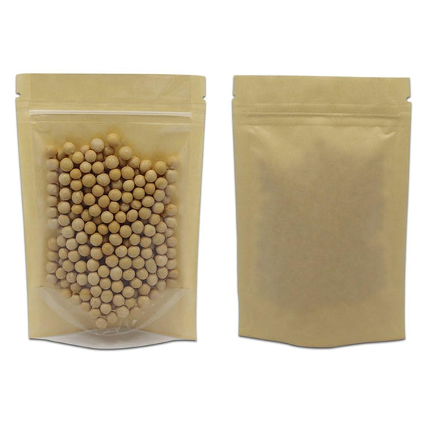 PABCK Clear Front Stand Up Airtight Brown Kraft Paper for Zip Food Storage Lock Bags Reclosable Seal Closure Zipper Resealable Heat Seal Pouch Coffee Snack Packaging (200, 4.7x7.9inch (12x20cm))