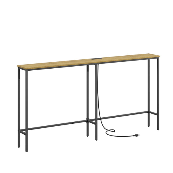 63 Inch Console Table with Power Outlet,Modern Narrow Long Sofa Table Behind Couch,Skinny Entry Table with Black Metal Frame for Entryway,Living Room, Hallway,3D Oak