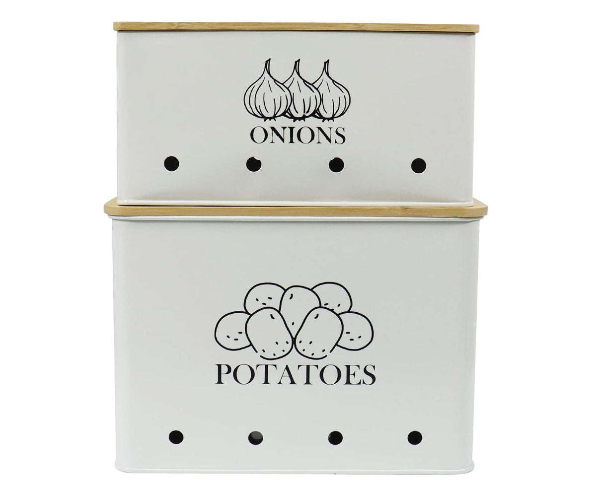 Set of 2 Potao and Onion Storage, Metal Onion Bin Potato Box with Wooden Lid & Aerating Holes, Farmhouse Kitchen Vegetable Storage Tins for Potatoes and Onions, Long Shelf Life (White)