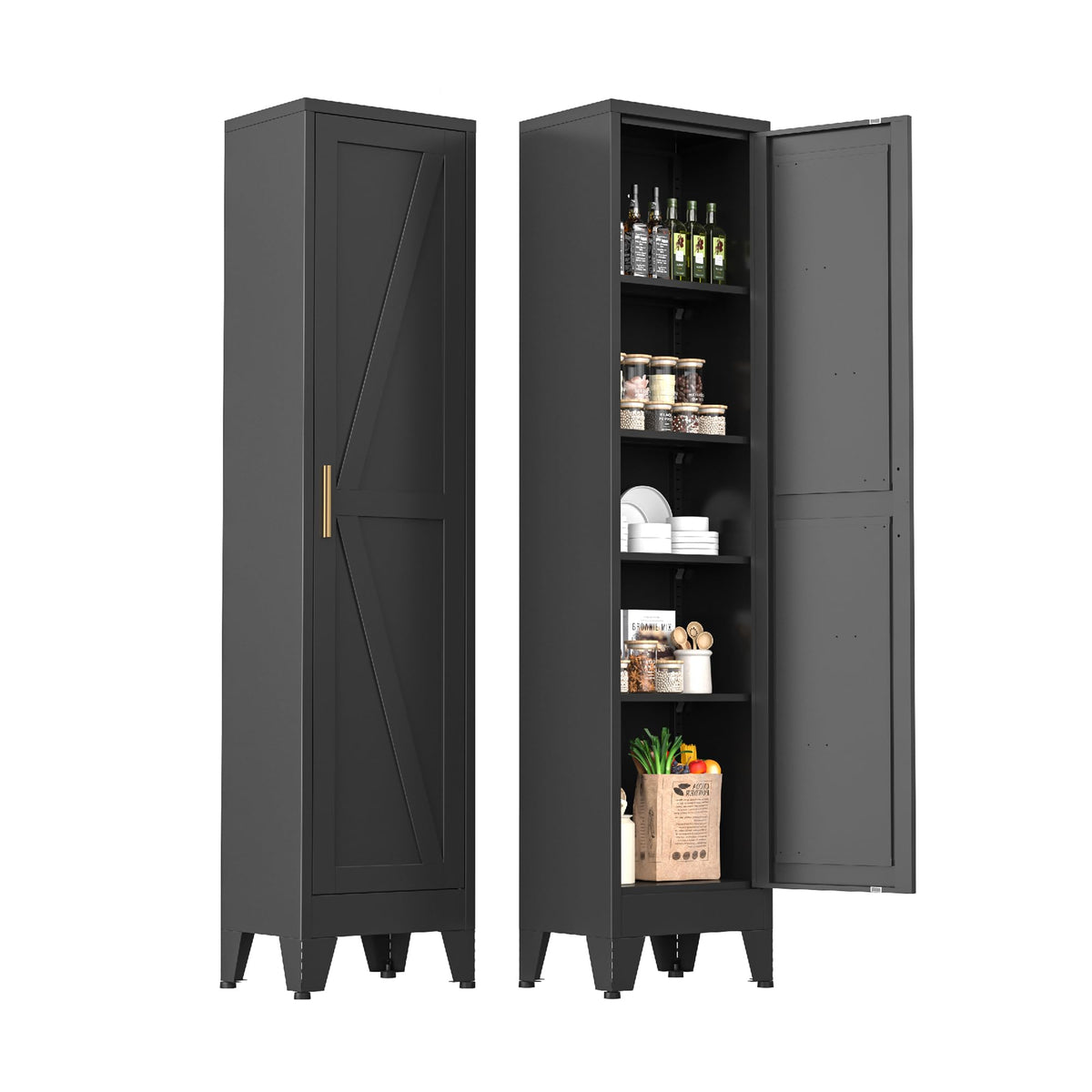 Narrow Metal Cabinet with Open Countertop,Tall Pantry Storage Organizer with 3 Adjustable Shelves and 2 Doors, Slim Bathroom Storage Cabinet for Small Spaces,kitchen,Home Office, Dining Room,Blue