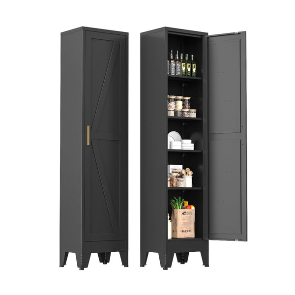 Narrow Metal Cabinet with Open Countertop,Tall Pantry Storage Organizer with 3 Adjustable Shelves and 2 Doors, Slim Bathroom Storage Cabinet for Small Spaces,kitchen,Home Office, Dining Room,Blue