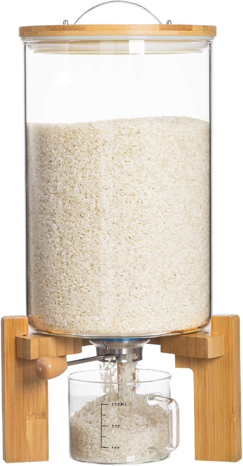 HBlife Glass Rice Dispenser with Wooden Stand Flour and Cereal Container with Glass Measuring Cup Pantry Food Organization Storage Bin with Airtight Bamboo Lid, 3L+5L