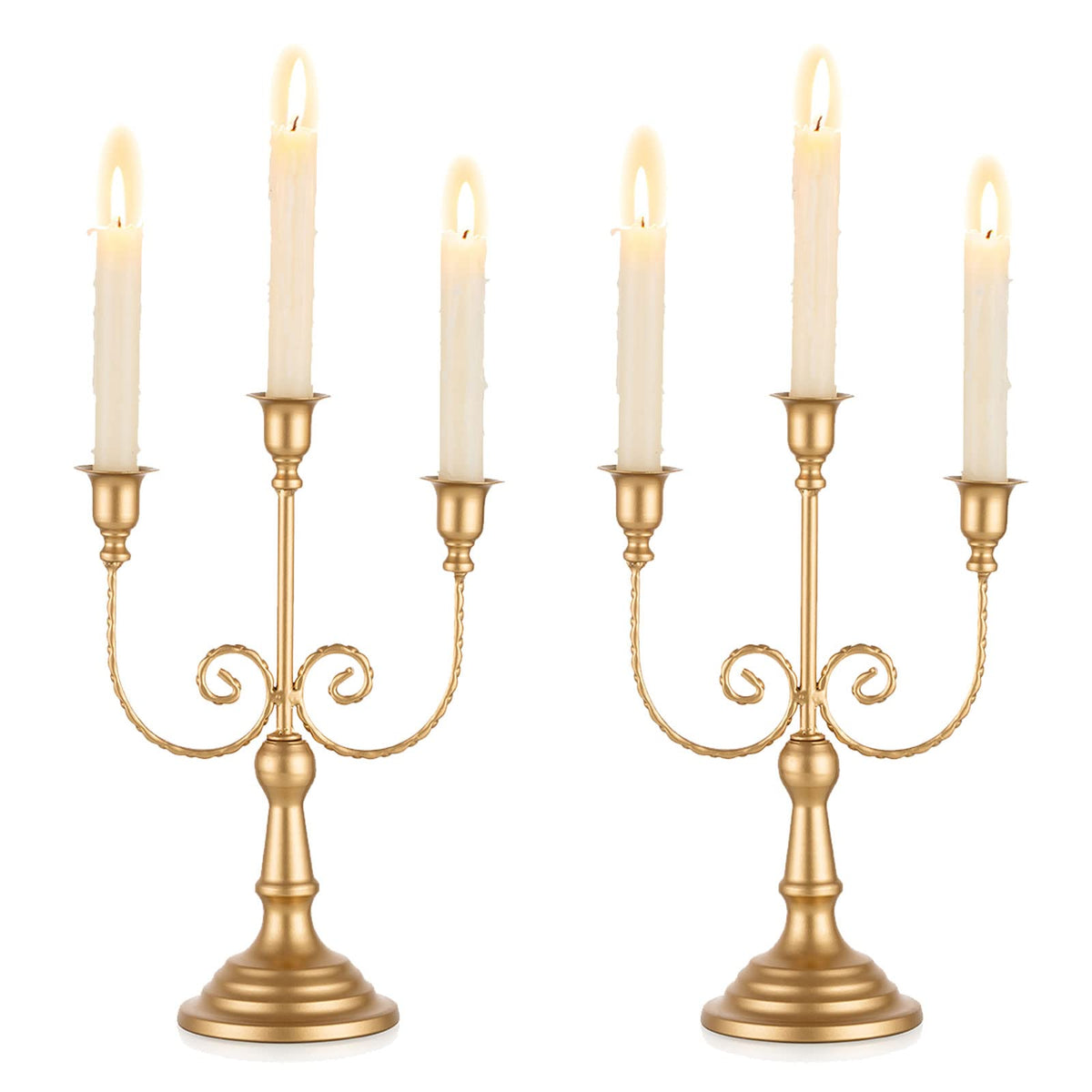 Romadedi Candelabra Gold Candle Holders - 3 Arm 11.8" Wedding Candlestick Holder for Theme Party Table Centrepiece Decor Dining Room Birthday Holiday Christmas, Set of 6