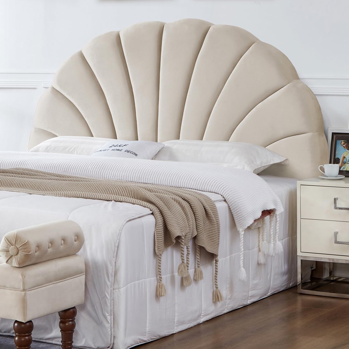 24KF Stunning Crown Design Queen Headboard, Upholstered Soft Velvet Petal Pattern Headboard Queen/Full,6039-Q-Dark Gray