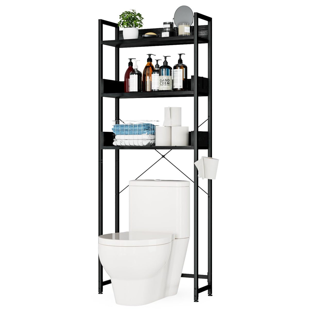 OTK Over-The-Toilet Storage, 3 Tier Bathroom Organizer Shelf, Freestanding Space Saver with Toilet Paper Holder, Multifunctional Over The Toilet Rack, Dark Grey