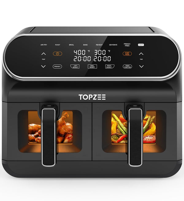 TOPZEE 8 Quart Large Air Fryer - Dual Basket Airfryer with Easy View Windows, Preheat, Air Fry, Roast, Broil, Bake, Dehydrate, 2 Independent 4 QT Nonstick Dishwasher Safe Baskets, Black