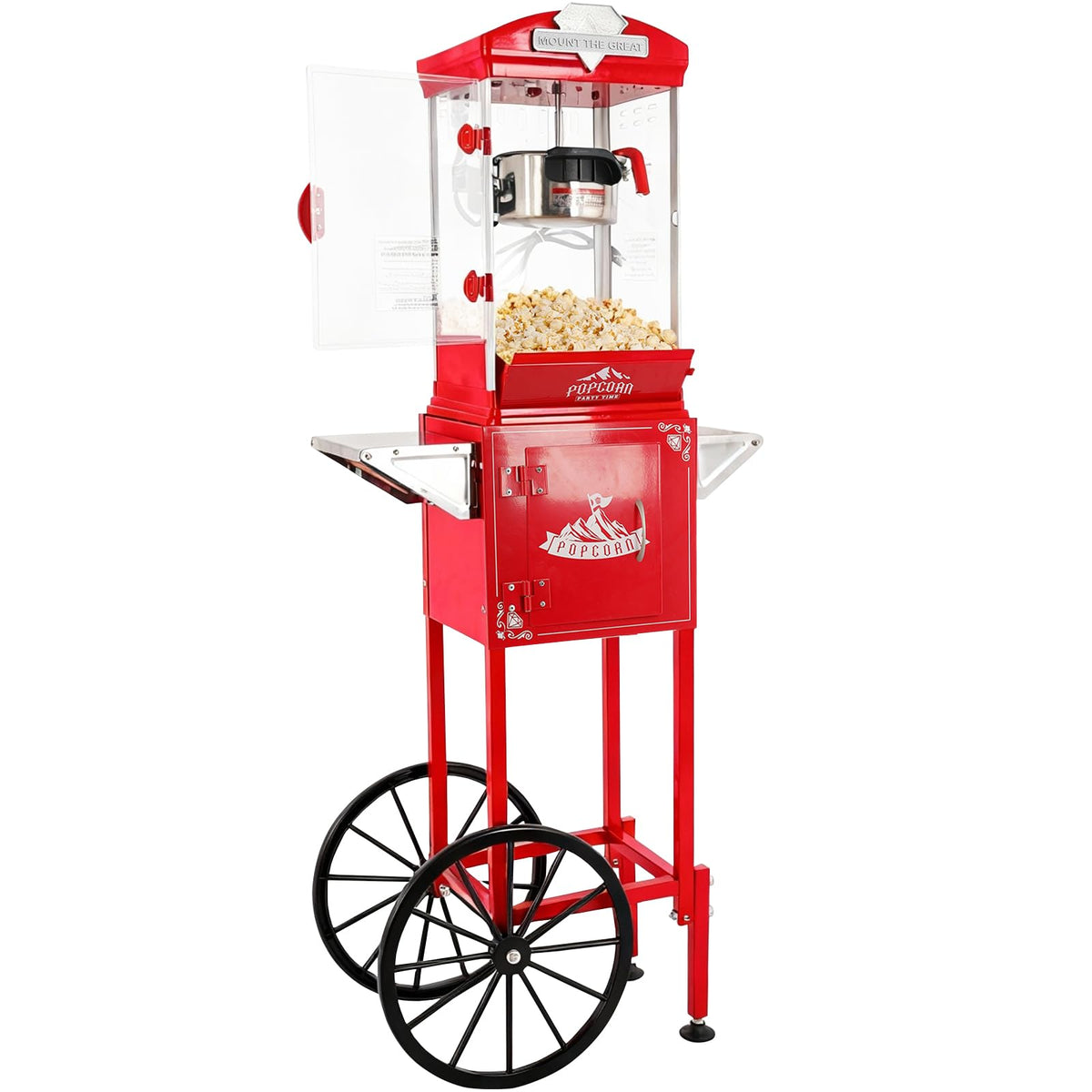 Popcorn Machine with Cart, Wheels & 10 Oz Kettle Popcorn Maker, Movie Theater Popcorn Maker Machine, Home Theater Popcorn Popper Measuring 3 Plastic Spoons