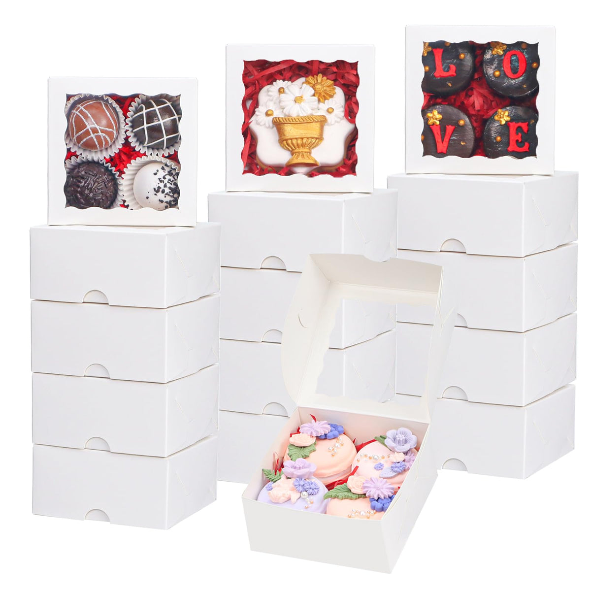90 Pack 4x4x2 Inches Pink Bakery Boxes (Clear Window) – Ideal for Packaging Macaron, Ores, Chocolate Truffle, Strawberry, Cookie, Donut, Pie – Party, Wedding, Holiday Favors