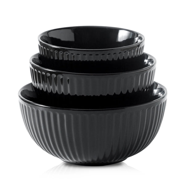 HASENSE Small Mixing Bowls of 3, Porcelain Ribbed Black Bowls 1.5/1/0.5 Qt For Kitchen, Cooking, Baking and Serving Prep Bowls for Salad, Pasta, Modern Kitchen Dish Dishwasher & Microwave Safe