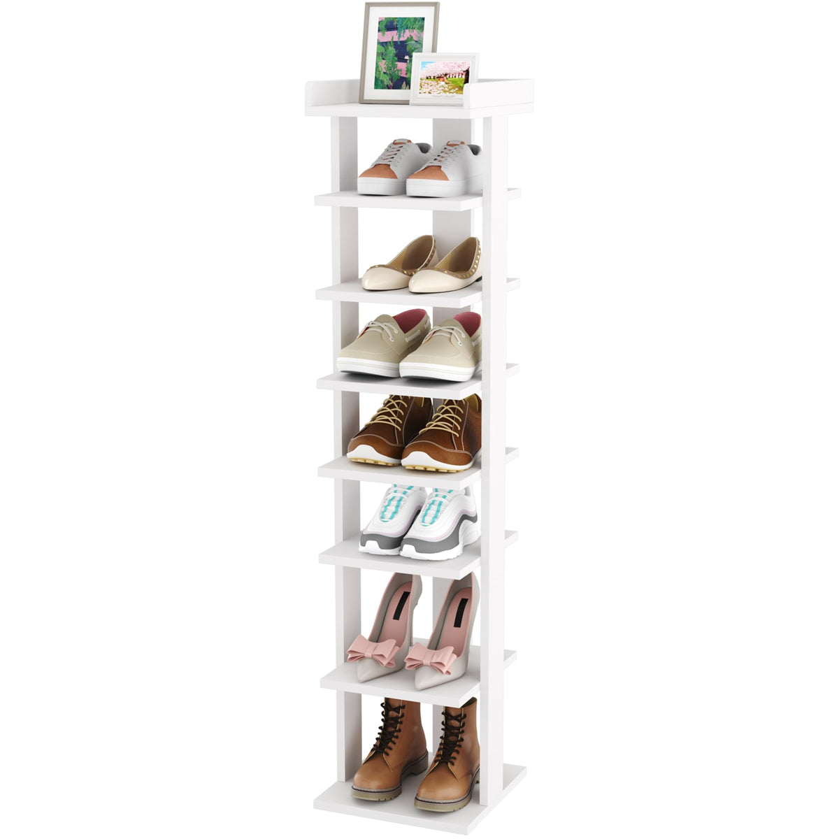 HOMEFORT 7-Tier Shoe Rack, Entryway Shoe Tower,Vertical Shoe Organizer, Wooden Shoe Storage Stand (White)