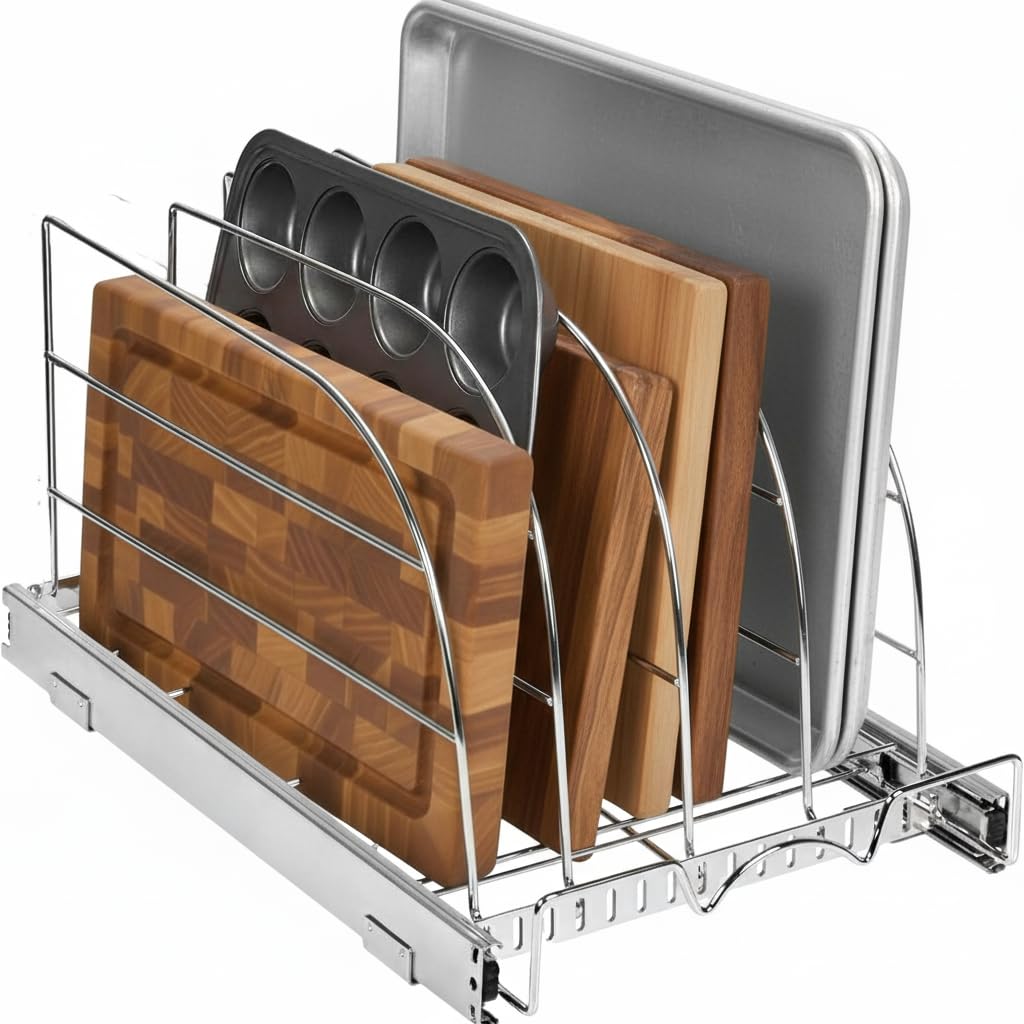 Pull Out Cutting Boards, bakeware, and pan organizer - Sliding Kitchen Cabinet Organizers and Storage Rack for Trays, Baking Pans, Cupcake Pans, etc - 8.5” W x 21” D x 10.63” H Heavy Duty, Chrome