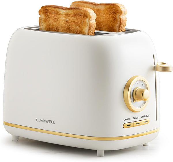 2-Slice Toaster with Gold Accents, Modern White Design, Wide Slots, Variable Browning Control, Retro Style Kitchen Appliance,White