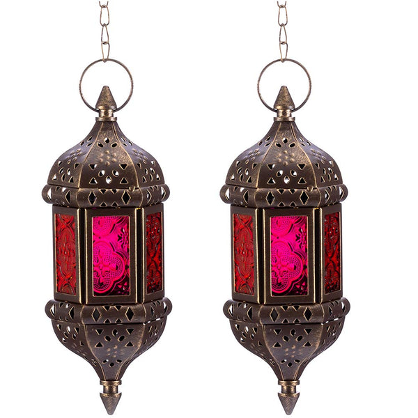 6 Pcs Hanging Hexagon Decorative Moroccan Candle Lantern Holders, Handmade Hanging Tea Light Holder in Bronze Metal & Red & Purple Glass Gift & Decor Items