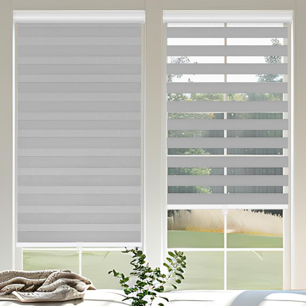 Cordless Zebra Blinds for Windows, 67" W x 72" H Zebra Roller Shades with Valance Free Stop Zebra Roller Shades, Light Control Window Treatments Dual Layer Sheer Blinds for Day and Night, Grey