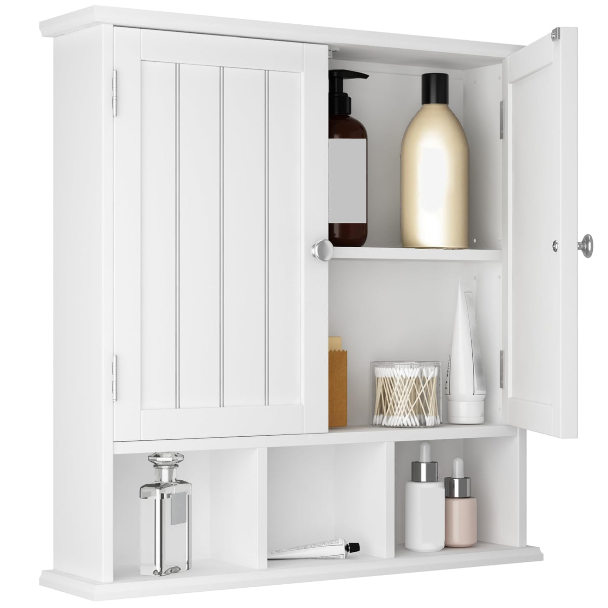 ChooChoo- Bathroom Cabinet Wall Mounted 2 Door with 3 Open Shelves, Wooden Medicine Cabinets with Adjustable Shelf, Space Saver Storage Cabinets Over The Toilet for Bathroom&Living Room, Grey