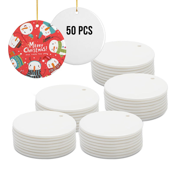 PYD Life 50 PCS Sublimation Ceramic Ornaments Bulk 2.75 Inch Round Blank with Gold String for Crafting DIY Personalized Christmas Home Decor Bulk