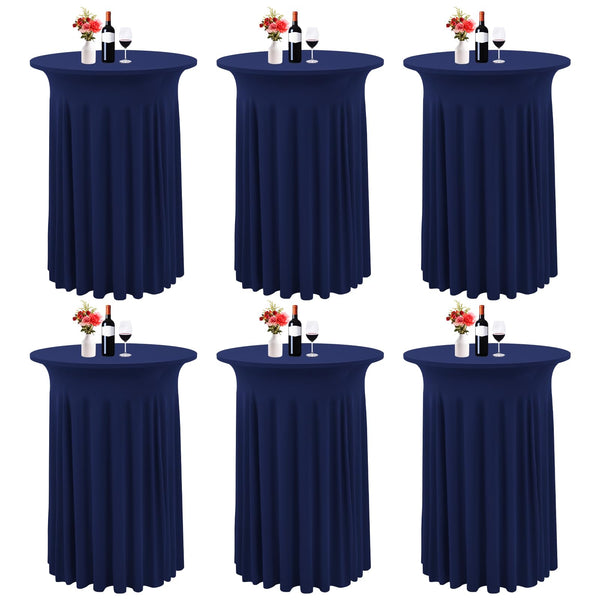 6 Packs Round Cocktail Table Cloth with Wavy Drapes, Spandex Stretch Cocktail Tablecloth, Fitted High Top Table Covers for Wedding Outdoor Parties Patio Bar(32"x 43",Navy Blue)