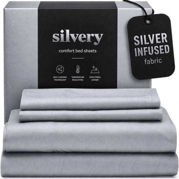 Silvery Silver Infused Bed Sheets Set - Ultra-Soft Temperature-Regulating Fabric with Self-Cleaning Technology™ that Stays Fresh 3X Longer for Hygienic Sleep