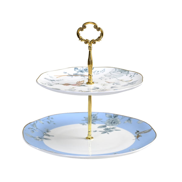 2-Tier Afternoon Tea Stand, Porcelain Cupcake Stand Serving Tray, Blue and White Bone China Cake Stand, Pastry Serving Stand for Tea Party, Wedding and Birthday (LN 2 Tiers)