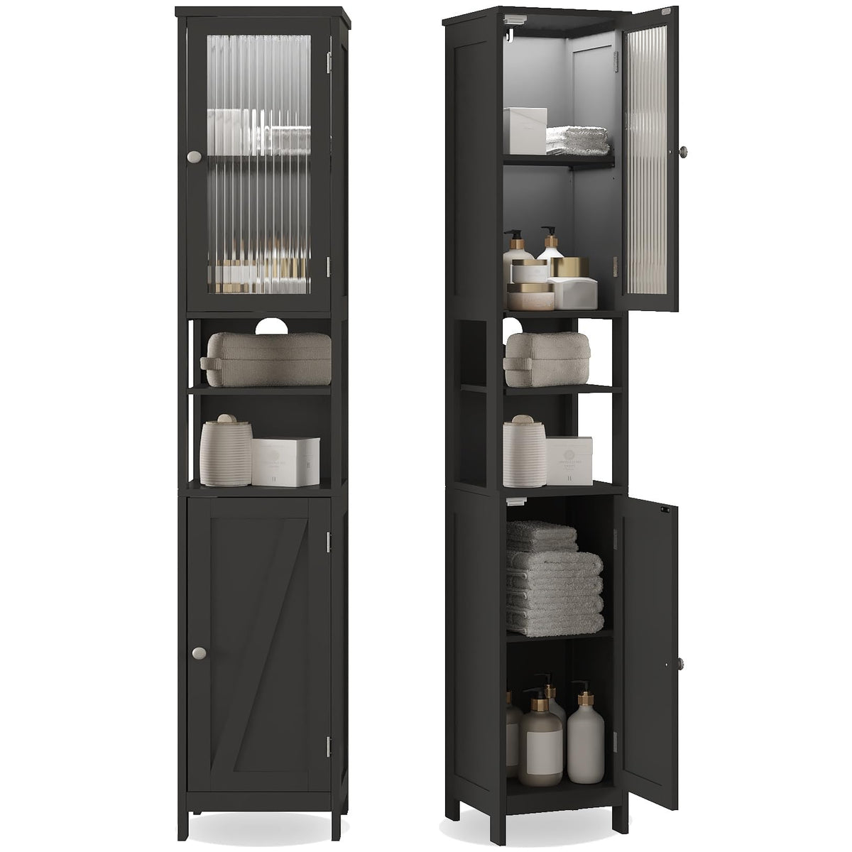 ChooChoo Tall Bathroom Storage Cabinet with Light，6-Tier Narrow Bathroom Cabinet with 2 Doors, Slim Storage Linen Cabinet Freestanding with Adjustable Shelves for Space Saving, Black