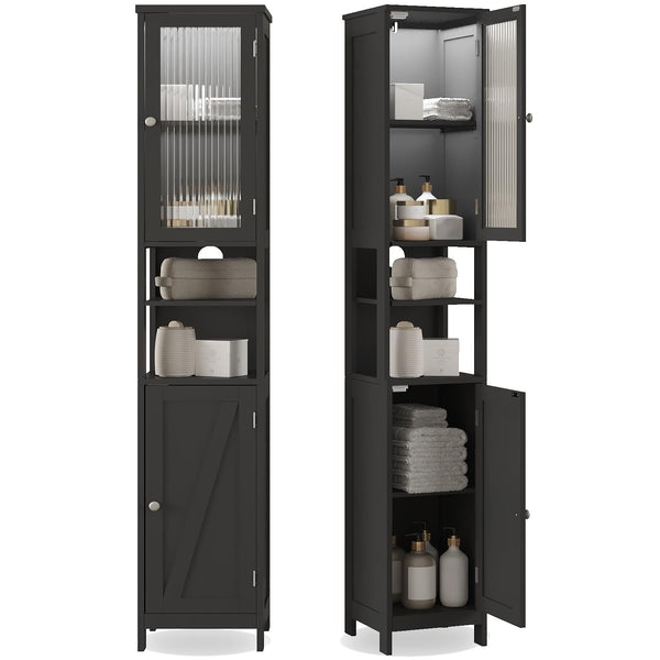 ChooChoo Tall Bathroom Storage Cabinet with Light，6-Tier Narrow Bathroom Cabinet with 2 Doors, Slim Storage Linen Cabinet Freestanding with Adjustable Shelves for Space Saving, Black