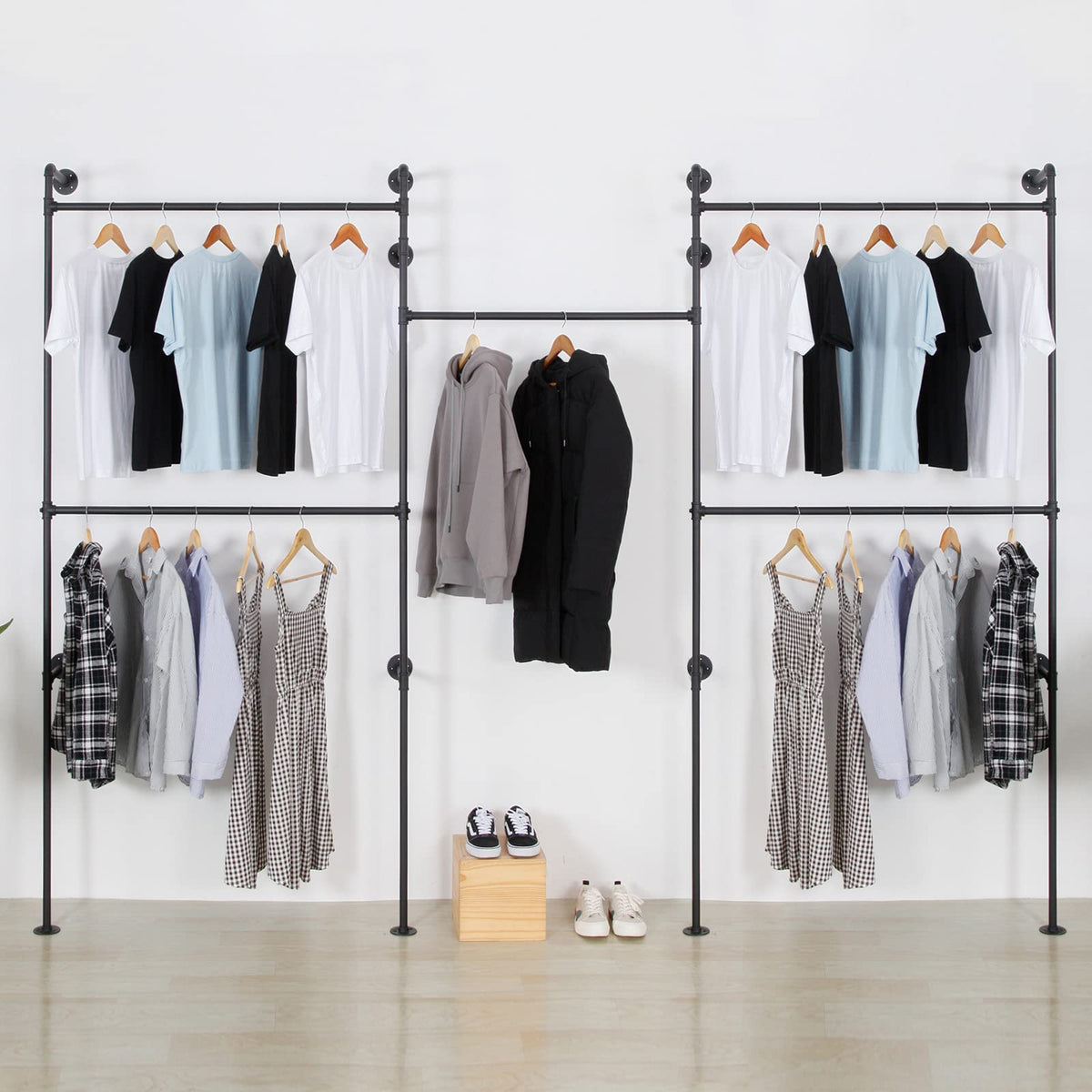 Industrial Pipe Clothing Rack Wall Mounted 5 Hanging Rods Garment Bar with Storage Shelf, Heavy Duty Metal Clothes Racks Closet System for Hanging Clothes Retail Display (Gold)