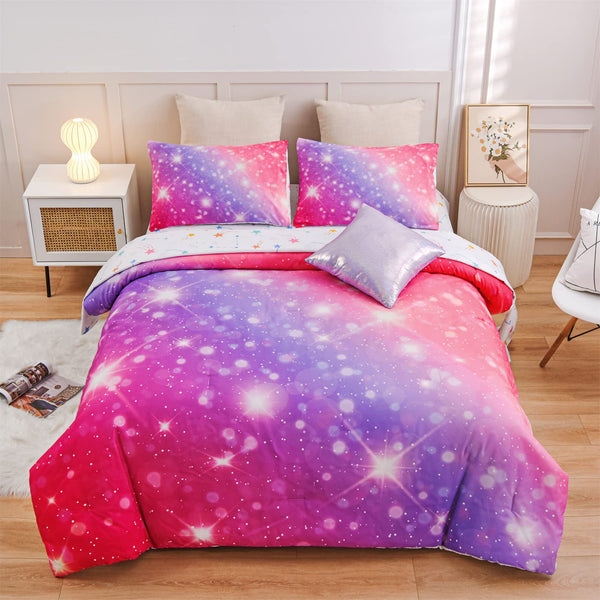 A Nice Night Floral Bedding Set for Girls Queen Size, Colorful Rainbow Flower Comforter Set, Ultra Soft Gradient Glitter Bedding Sets (Blue-Purple, Queen 6Pcs)