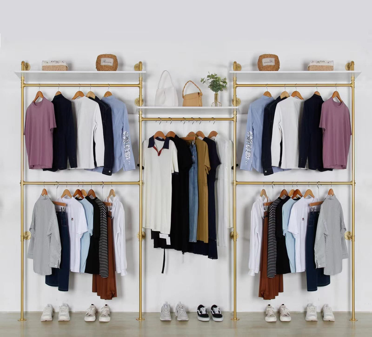Industrial Pipe Clothing Rack Wall Mounted 5 Hanging Rods Garment Bar with Storage Shelf, Heavy Duty Metal Clothes Racks Closet System for Hanging Clothes Retail Display (Gold)