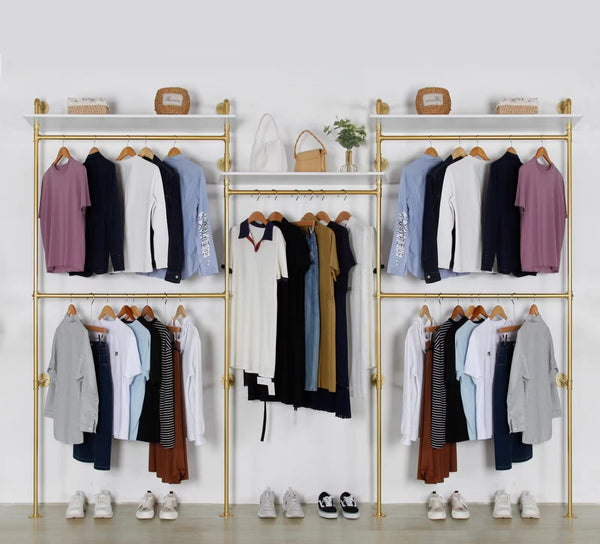 Industrial Pipe Clothing Rack Wall Mounted 5 Hanging Rods Garment Bar with Storage Shelf, Heavy Duty Metal Clothes Racks Closet System for Hanging Clothes Retail Display (Gold)