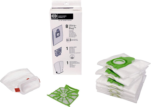 SEBO Official E-Series Service Box - Includes 8 AeraPure Vacuum Bags, an Exhaust Filter and a Pre-Motor Microfilter - Green Box Only Compatible with E1 Kombi, E2 Turbo, and E3 Canisters in Canada