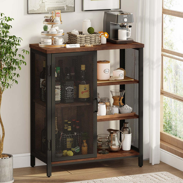 BON AUGURE Liquor Cabinet Bar for Home, Farmhouse Coffee Storage Cabinet for Kitchen, Small Wood Sideboard Buffet Station Cabinets with Door (Dark Grey Oak, 36")