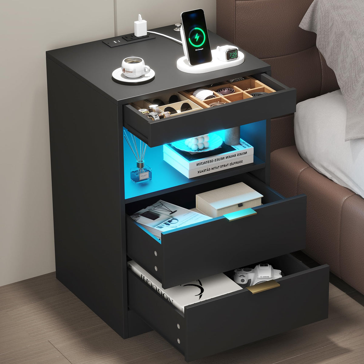 Yusong LED Nightstand Bedside Table with Charging Station 2 Drawers, Modern Sofa Couch End Side Table with LED Lights and Pull-Out Shelf for Bedroom Living Room, White