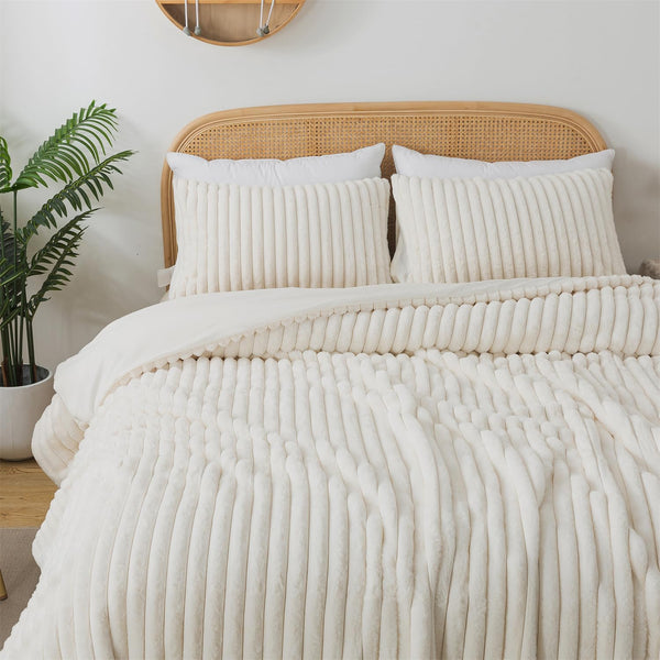 Lotus Karen Queen Comforter Set - Fluffy White Faux Fur Bed Comforter Queen - Winter Thick Fuzzy Striped Faux Rabbit Fur Bedding Sets 3 Pieces (1 Comforter and 2 Pillowcases)