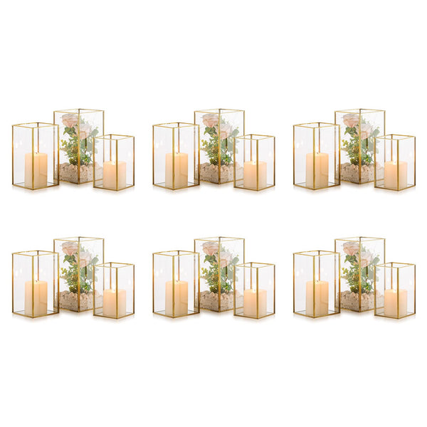 Nuptio Glass Hurricane Candle Holder Set of 18 Gold Pillar Candle Holders Large Rectangular Candleholder Table Centerpieces Decoration for Wedding Party Holiday Home Ornaments 9.5 & 8.1 & 6.5 inch