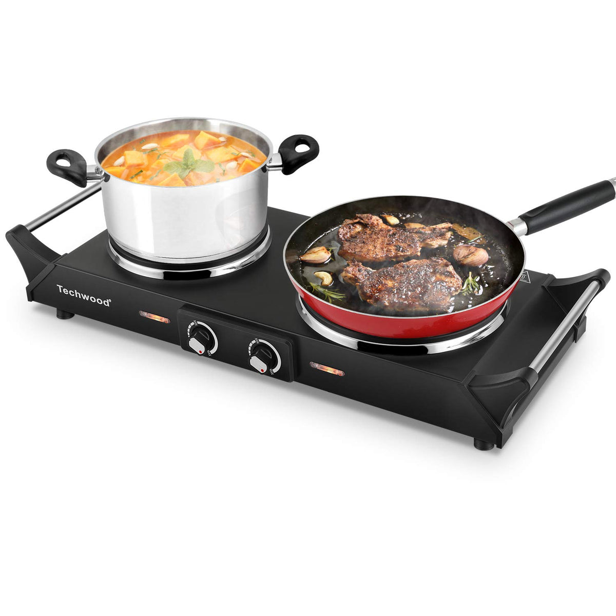Techwood Hot Plate Electric Double Burner Portable Burner, 1800W with Adjustable Temperature, Stay Cool Handles, Non-Slip Rubber Feet, Black Stainless Steel Easy to Clean