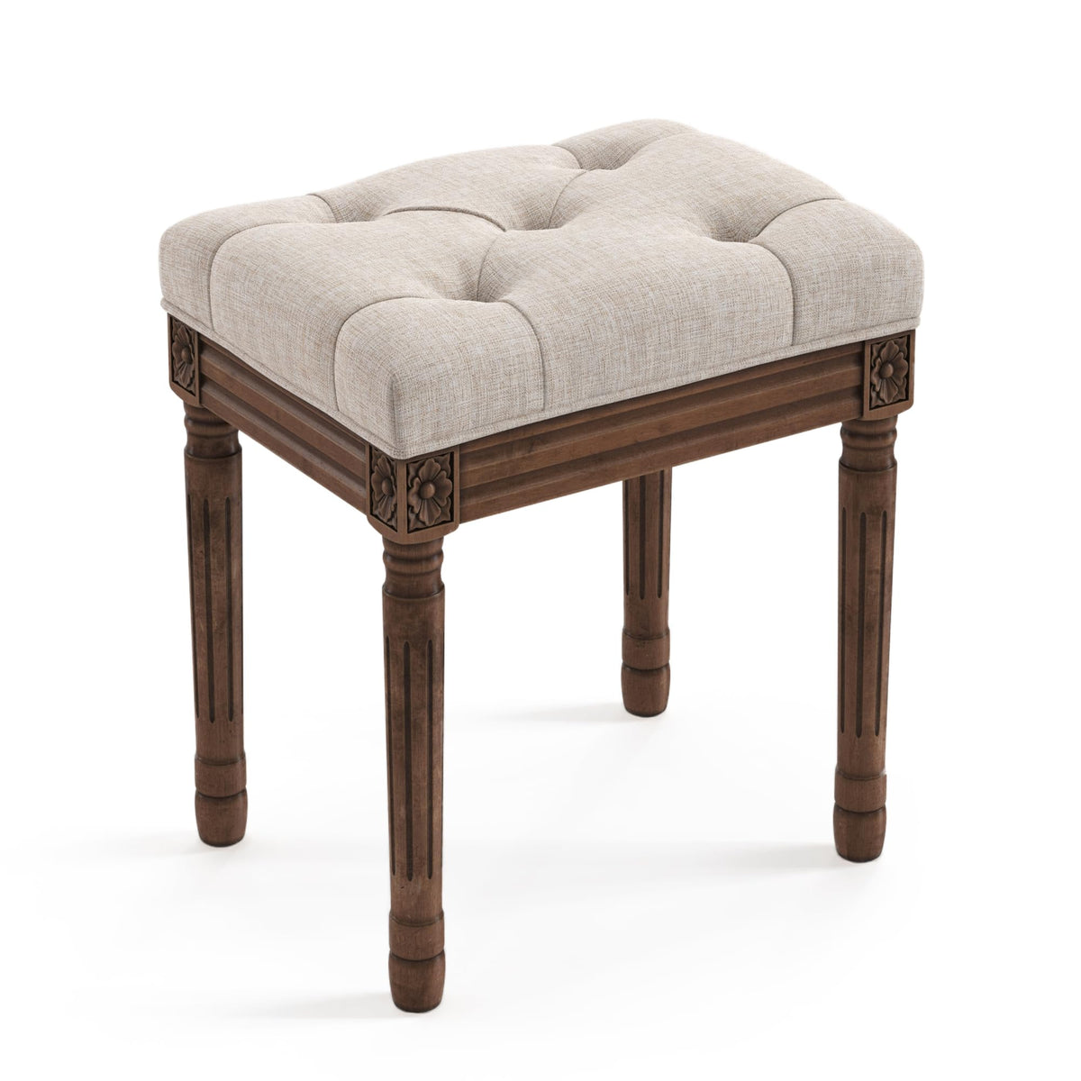 LUE BONA Upholstered Fabric Vanity Bench Seat, Makeup Stools for Vanity, Square Tufted Ottoman Bench with Carved Dark Brown Color Legs for Bedroom Living Room, Whiskey Brown