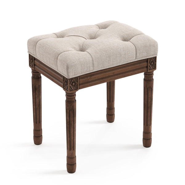 LUE BONA Upholstered Fabric Vanity Bench Seat, Makeup Stools for Vanity, Square Tufted Ottoman Bench with Carved Dark Brown Color Legs for Bedroom Living Room, Whiskey Brown