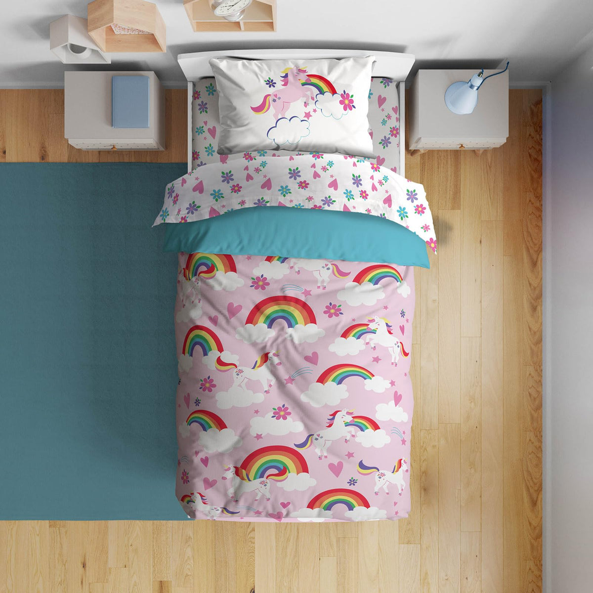 Sunny Side Up Rainbow Unicorns Full Comforter Set - 7 Piece Kids Bedding Includes Comforter, Sheets & Pillow Cover - Super Soft Pink Floral Microfiber Bed Set