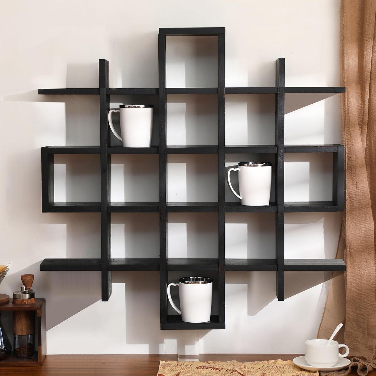 Suzile Oversize Coffee Mug Display Rack Wooden Display Shelves Rustic Wooden Floating Curio Shelf Travel Wall Mounted Coffee Mug Rack Holder Shadow Box Shelf(5.1x5.1x3in,Wood Color)
