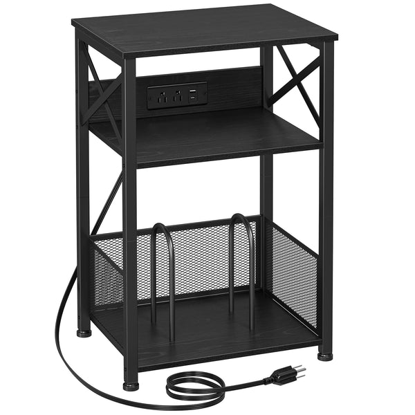 AMHANCIBLE Record Player Stand with Charging Station, Large Turntable Stand with Storage Cabinet, 3 Tier End Table Hold Up to 100 Albums, Record Stand for Vinyl, Living Room, Grey, HETCD012GY-1