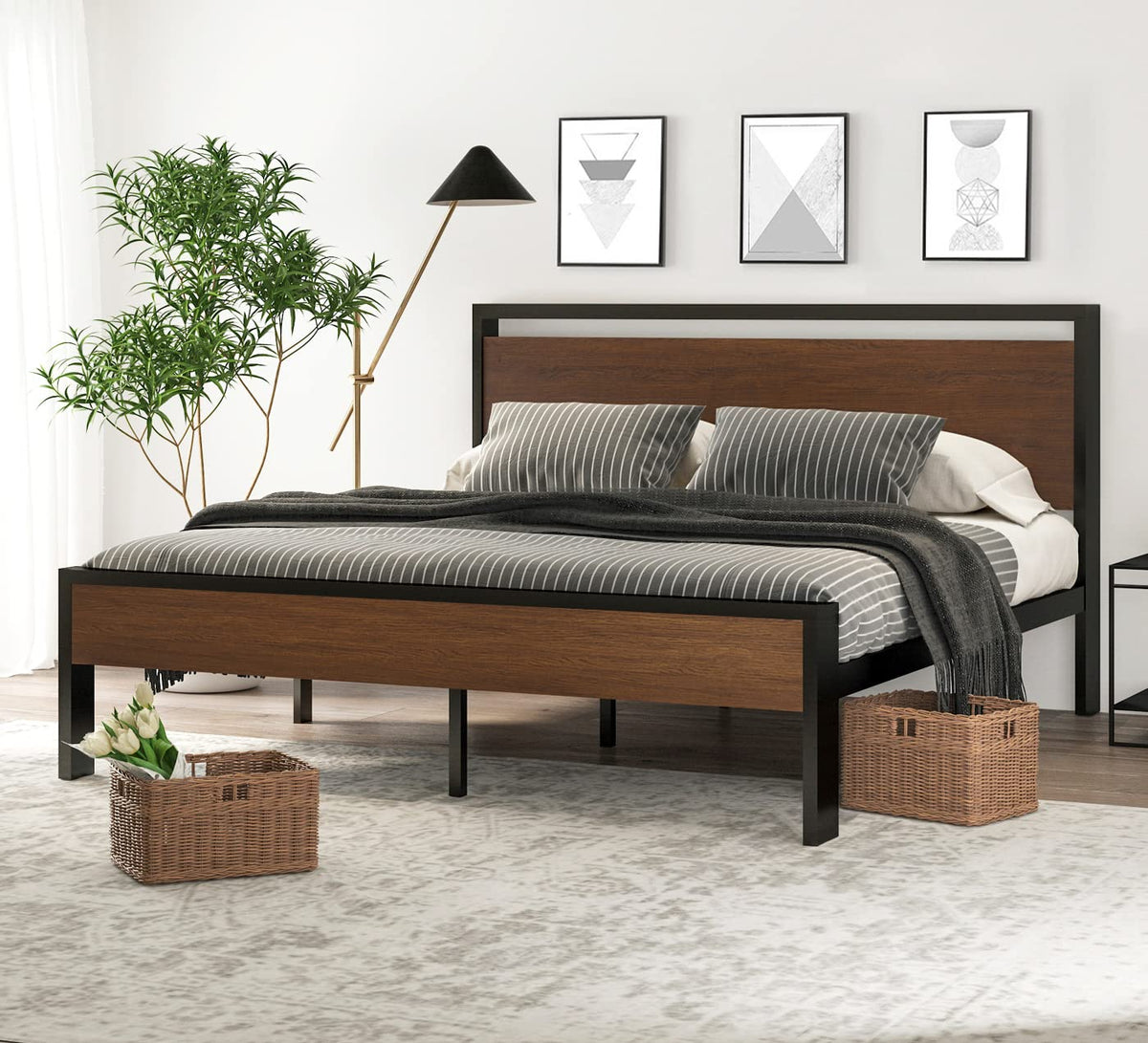 SHA CERLIN 14 Inch Twin Size Metal Platform Bed Frame with Wooden Headboard and Footboard, Mattress Foundation, No Box Spring Needed, Large Under Bed Storage, Heavy Duty Slats Support, Mahogany