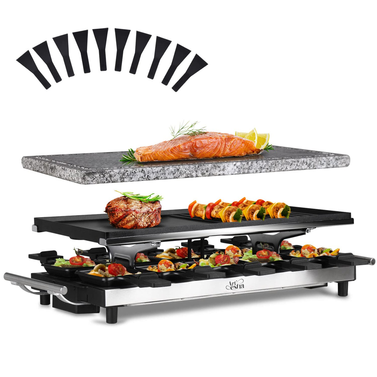 Artestia Electric Indoor Grill, 2 in 1 Korean BBQ Grill, 8 Paddles, 1200W with Grill Stone and Non-Stick Reversible Plate for Parties and Family