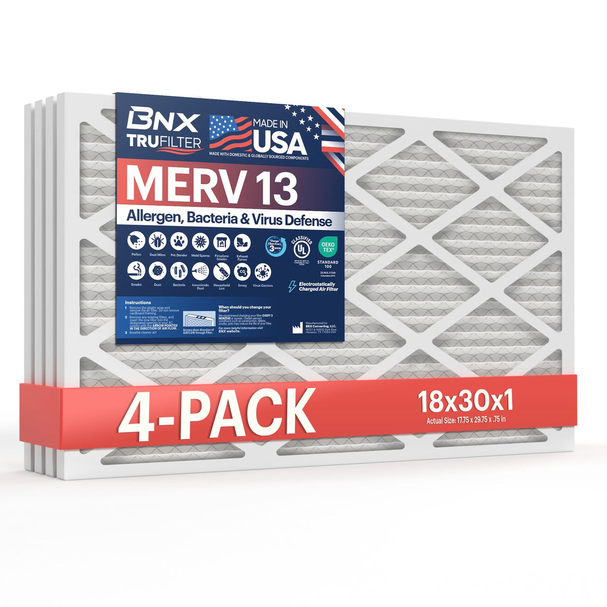 BNX TruFilter 20x20x1 Air Filter MERV 13 (6-Pack) - MADE IN USA - Electrostatic Pleated Air Conditioner HVAC AC Furnace Filters for Allergies, Pollen, Mold, Bacteria, Smoke, Allergen, MPR 1900 FPR 10