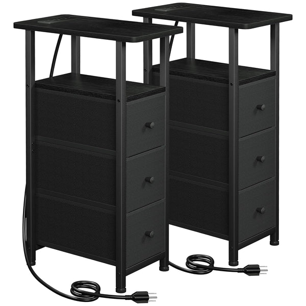 LOAKEKEL Narrow End Tables Living Room Set of 2 with Charging Station, Skinny Side Table with Fabric Drawers, Slim Nightstand for Bedroom, Small Spaces, Couch, Black, HETNDP03BK