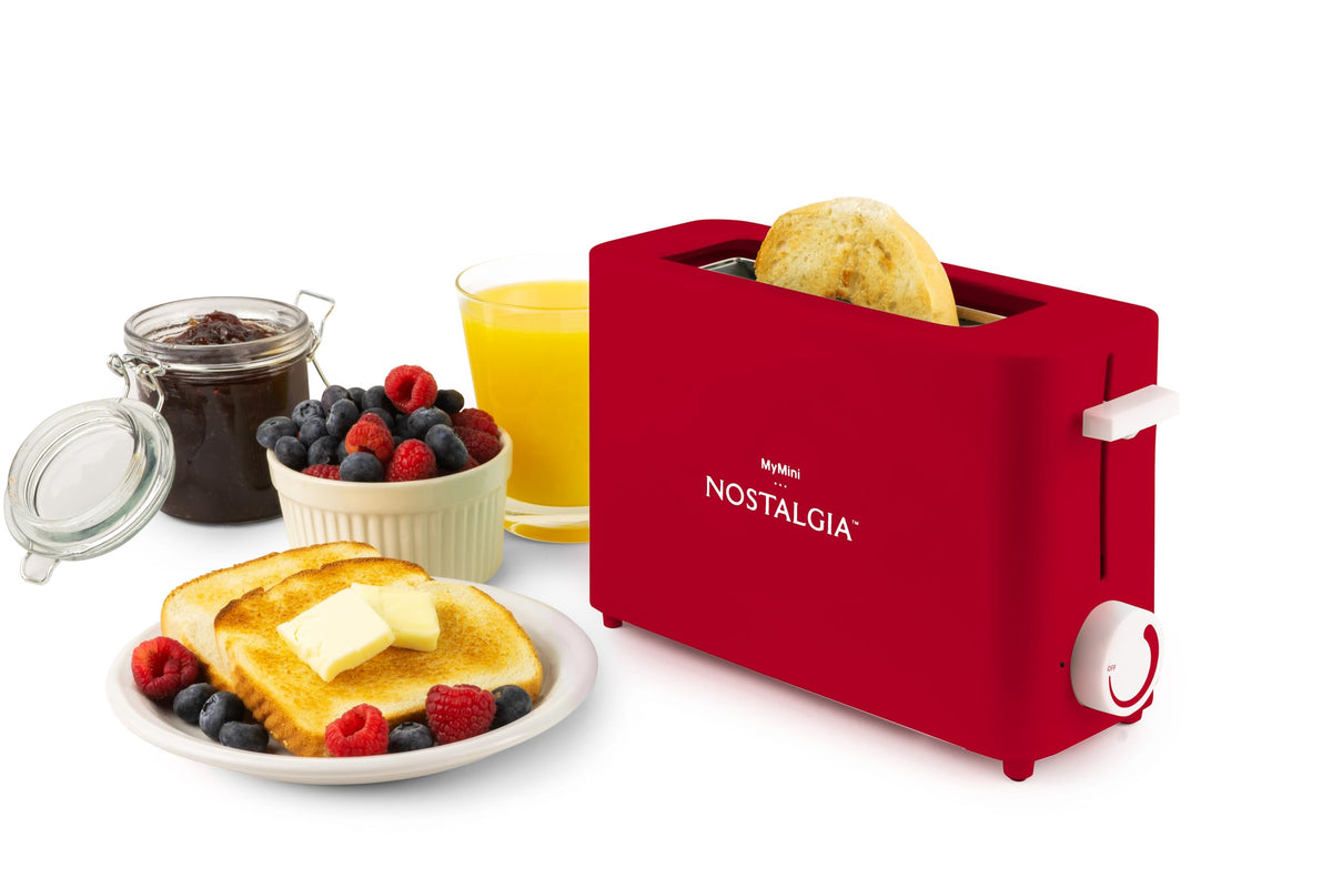 Nostalgia MyMini Single Slice Toaster | 1.25" Wide Slot, Portion Control, Compact Design, Adjustable Temperature, Cancel, Defrost, and Bagel Button | Removable Crumb Tray | Red