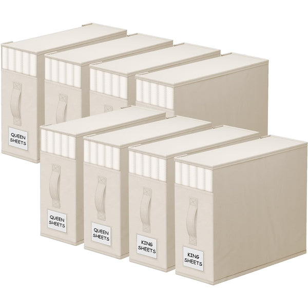 StorageTastic 8 Pack Bed Sheet Closet Organizers and Storage,Sturdy Foldable Storage Containers with Window and Label,Storage and Organization for Bedding Sheets,Duvet Covers,Blankets (Black)